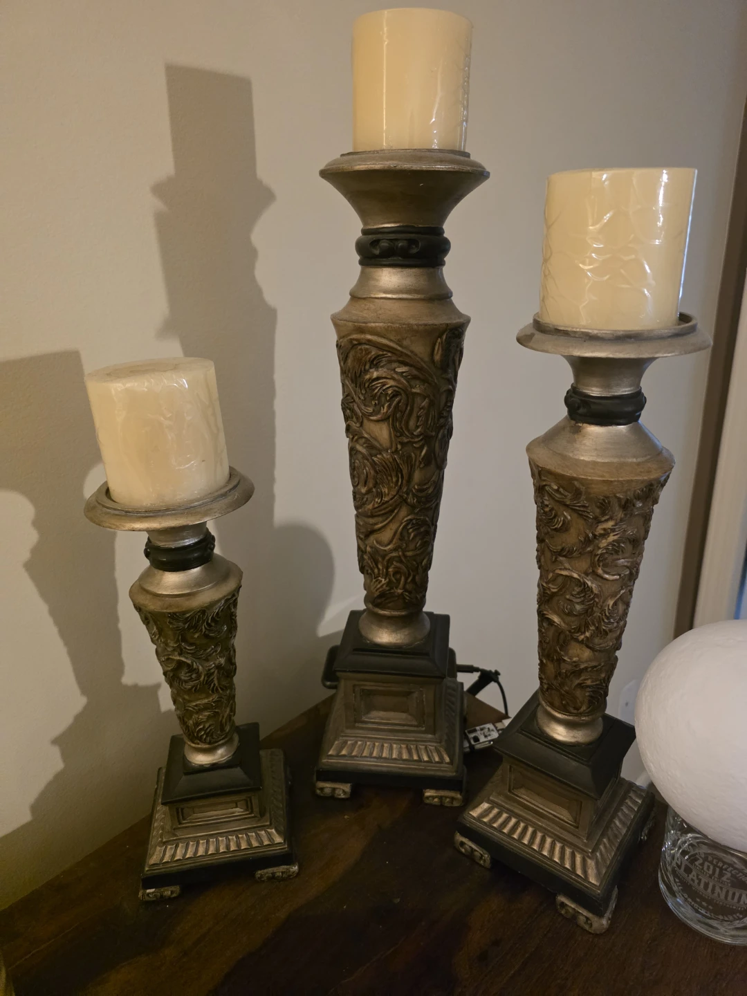 Set of 3 Ornate Gold Candlesticks
