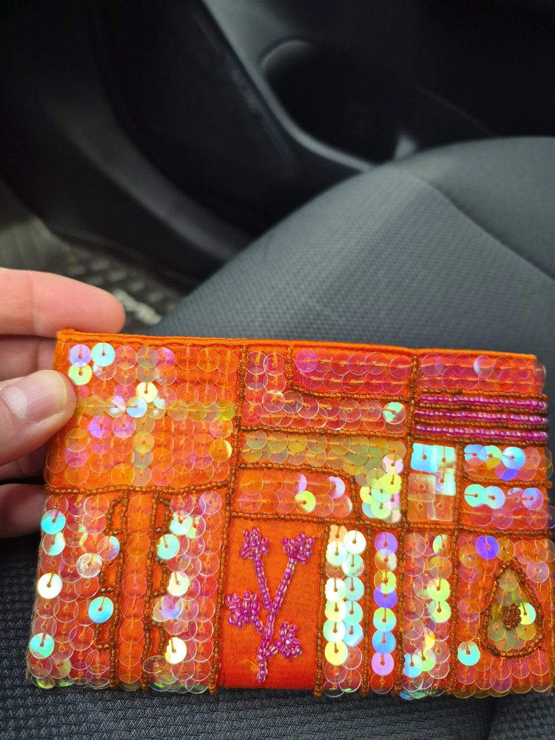 Orange Beaded and Sequined Clutch Pouch