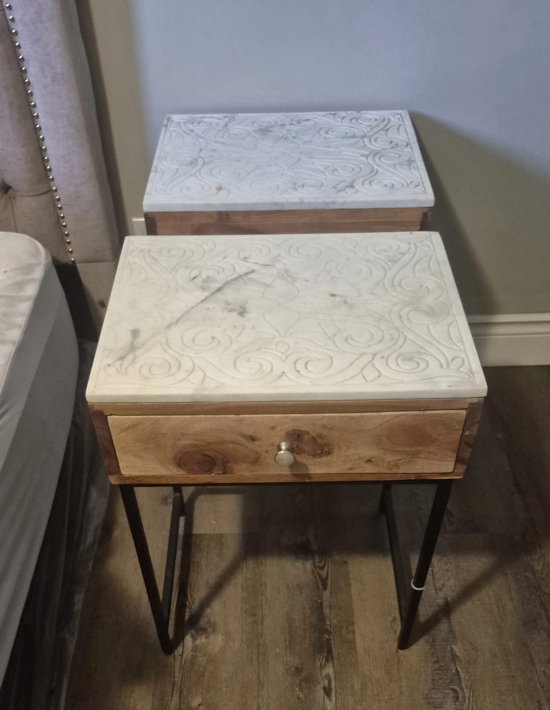 Two Wooden Nightstands with Carved White Top
