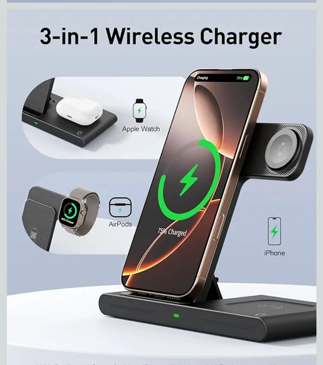 3-in-1 Wireless Charger for iPhone, Apple Watch, and AirPods - photo 3