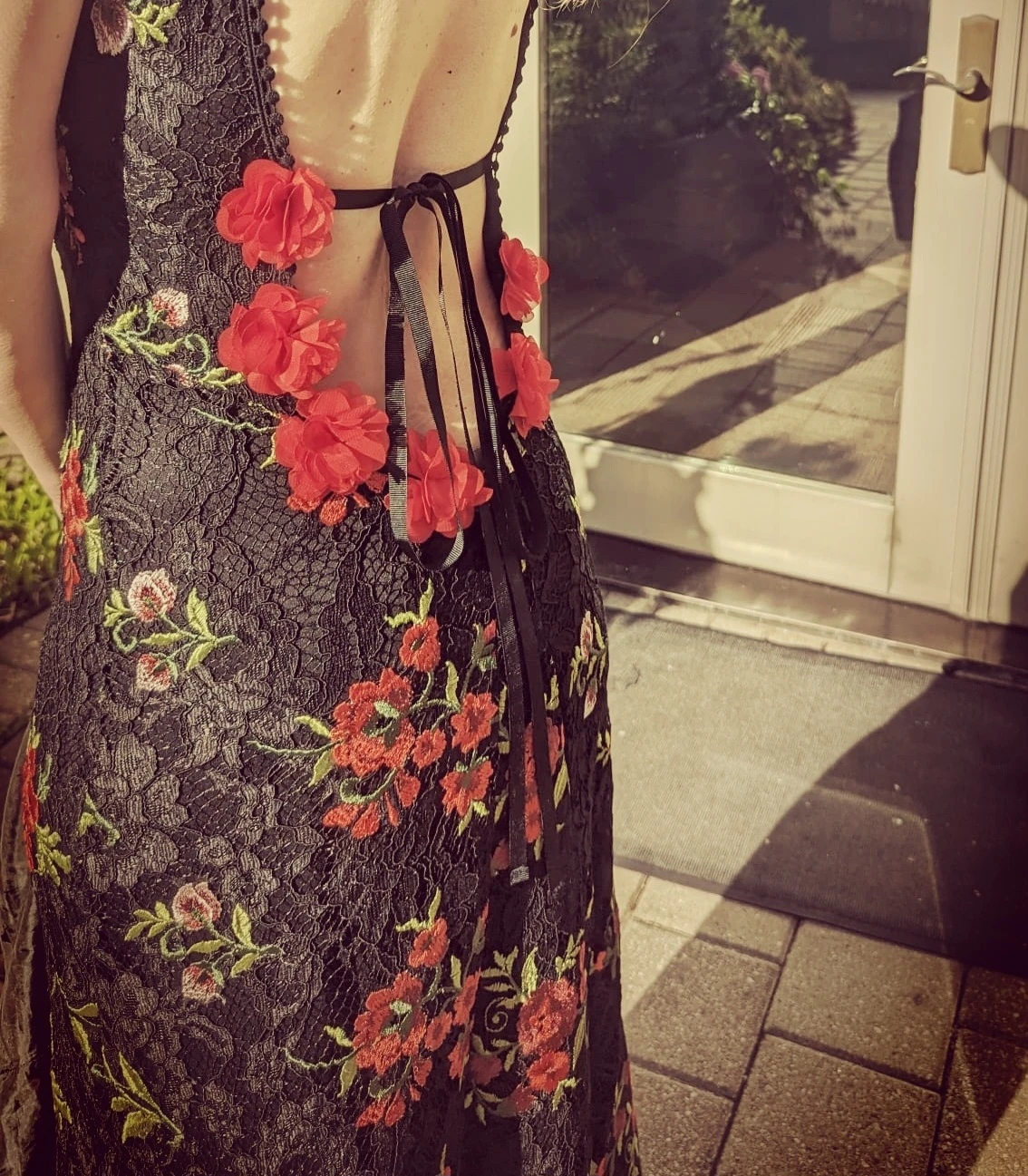 Black Lace Dress with Red Floral Appliques