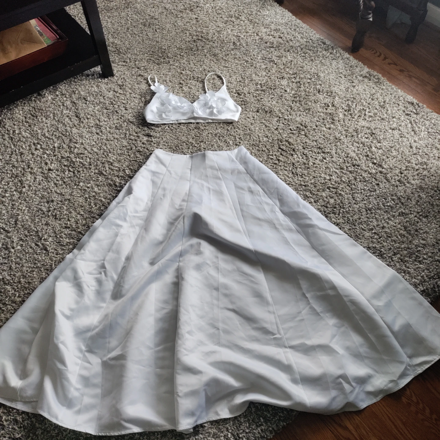 White Two-Piece Floral Top and Skirt Set