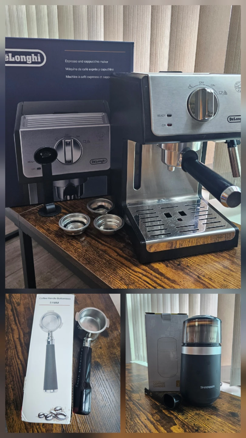 DeLonghi Espresso Maker, Shardor coffee grinder, portafilter