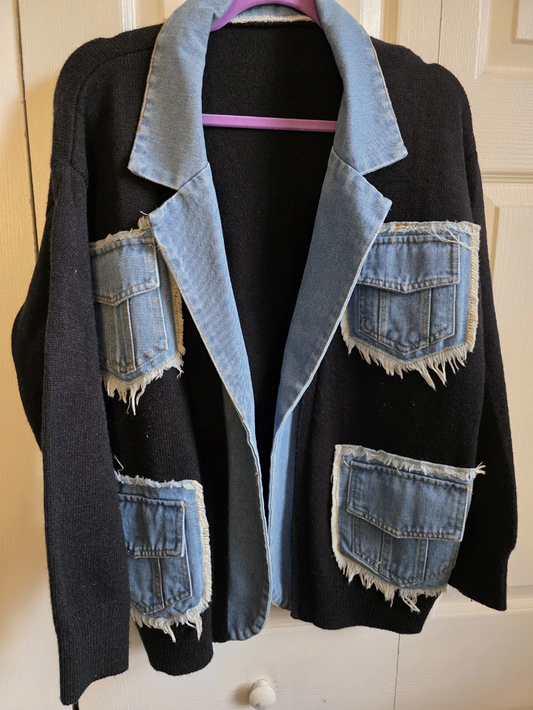Black Knit Jacket with Denim Accents
