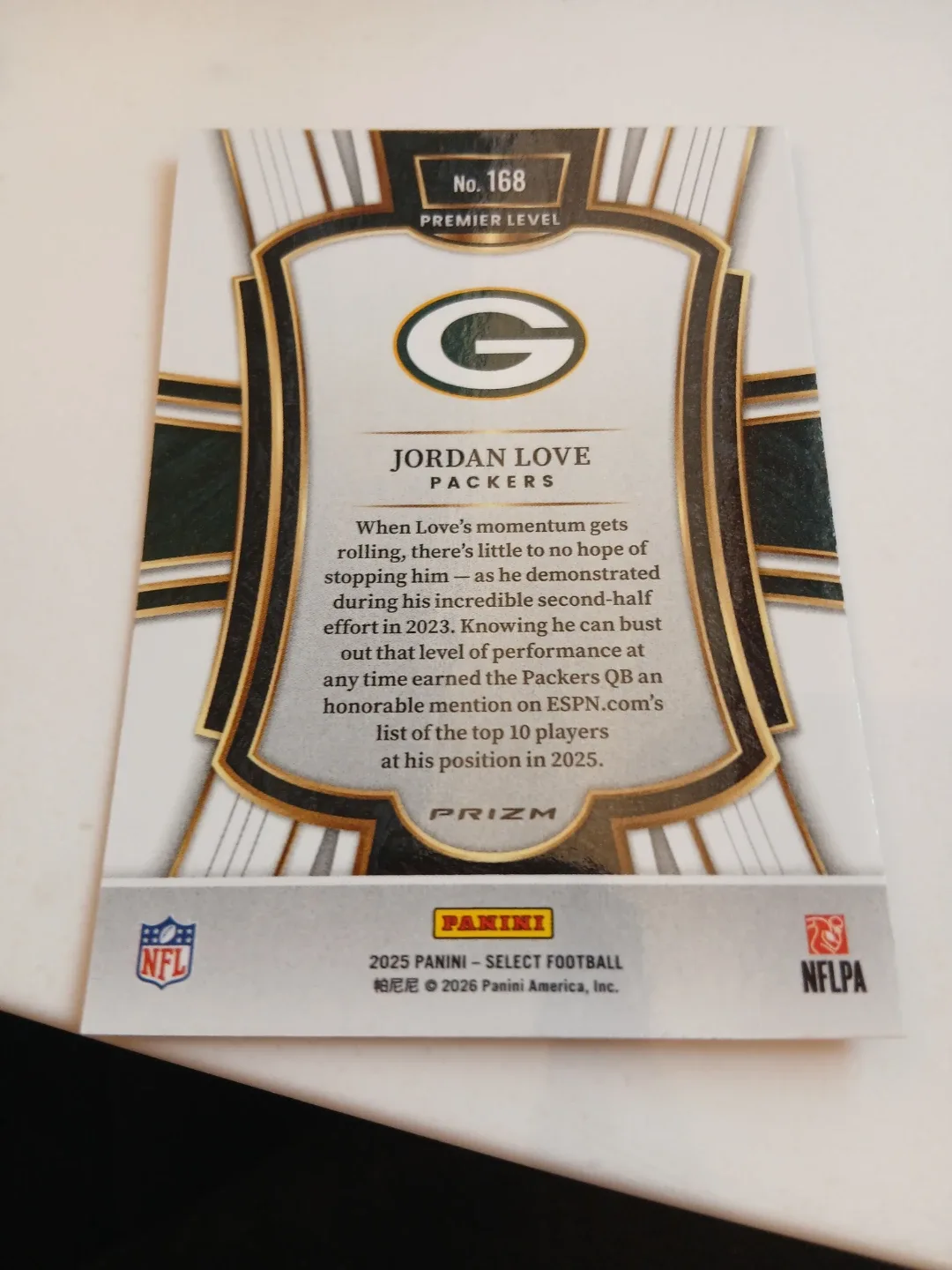 2025 Panini Select Football Jordan Love Premier Level Card #168 - photo 2