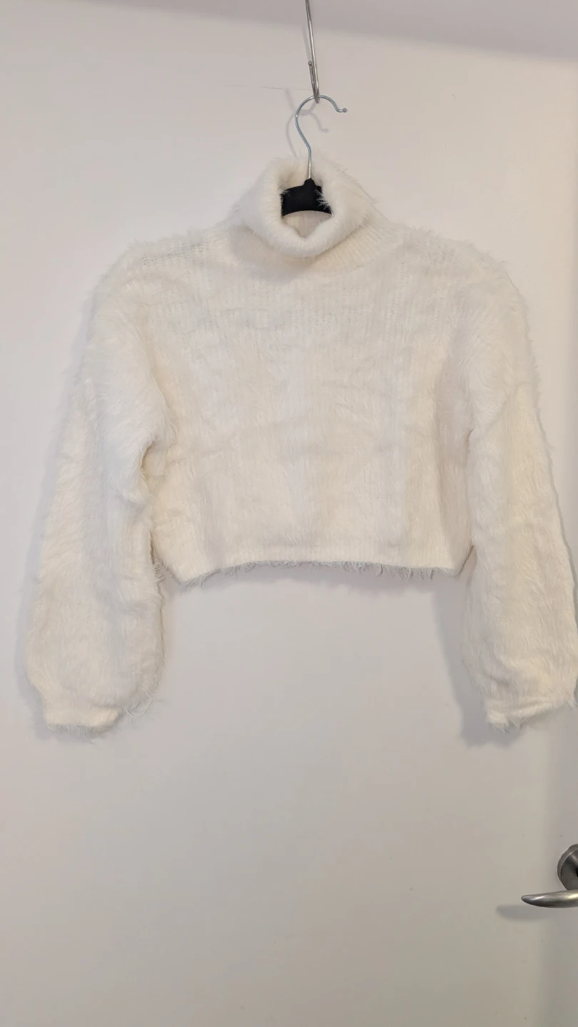 White Fuzzy Cropped Turtleneck Sweater