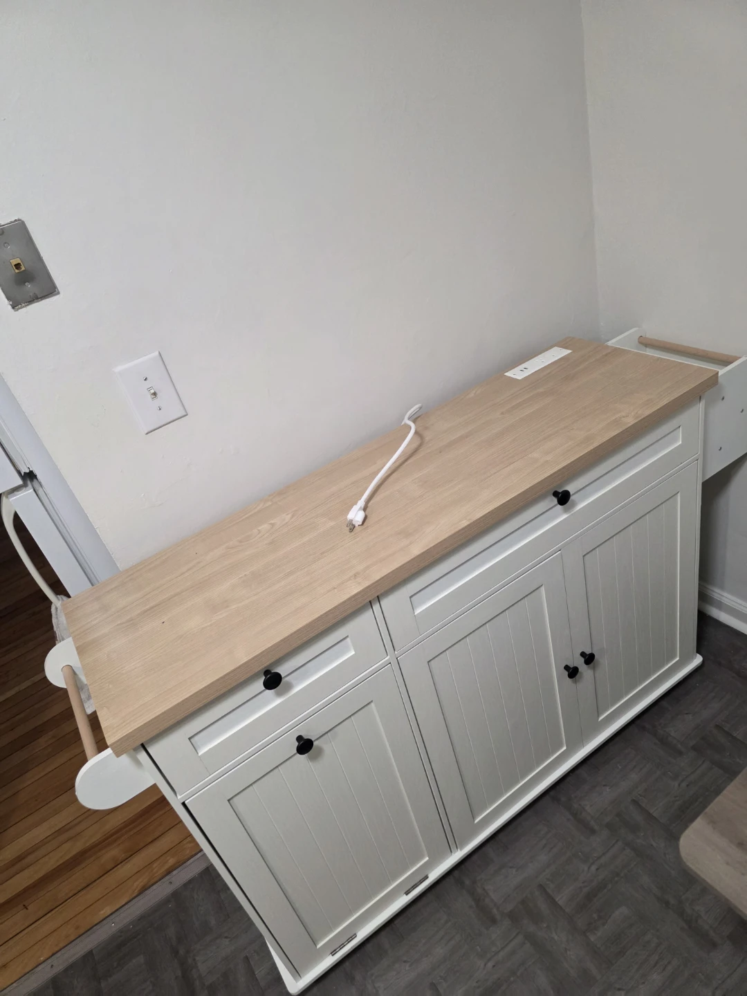 Kitchen Island Cart with Trash Can and Power Outlet