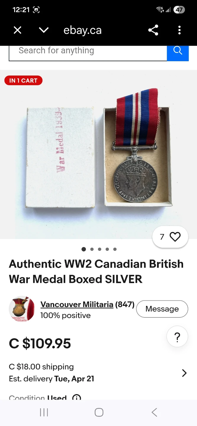 Authentic WW2 Canadian British War Medal Boxed SILVER - photo 3