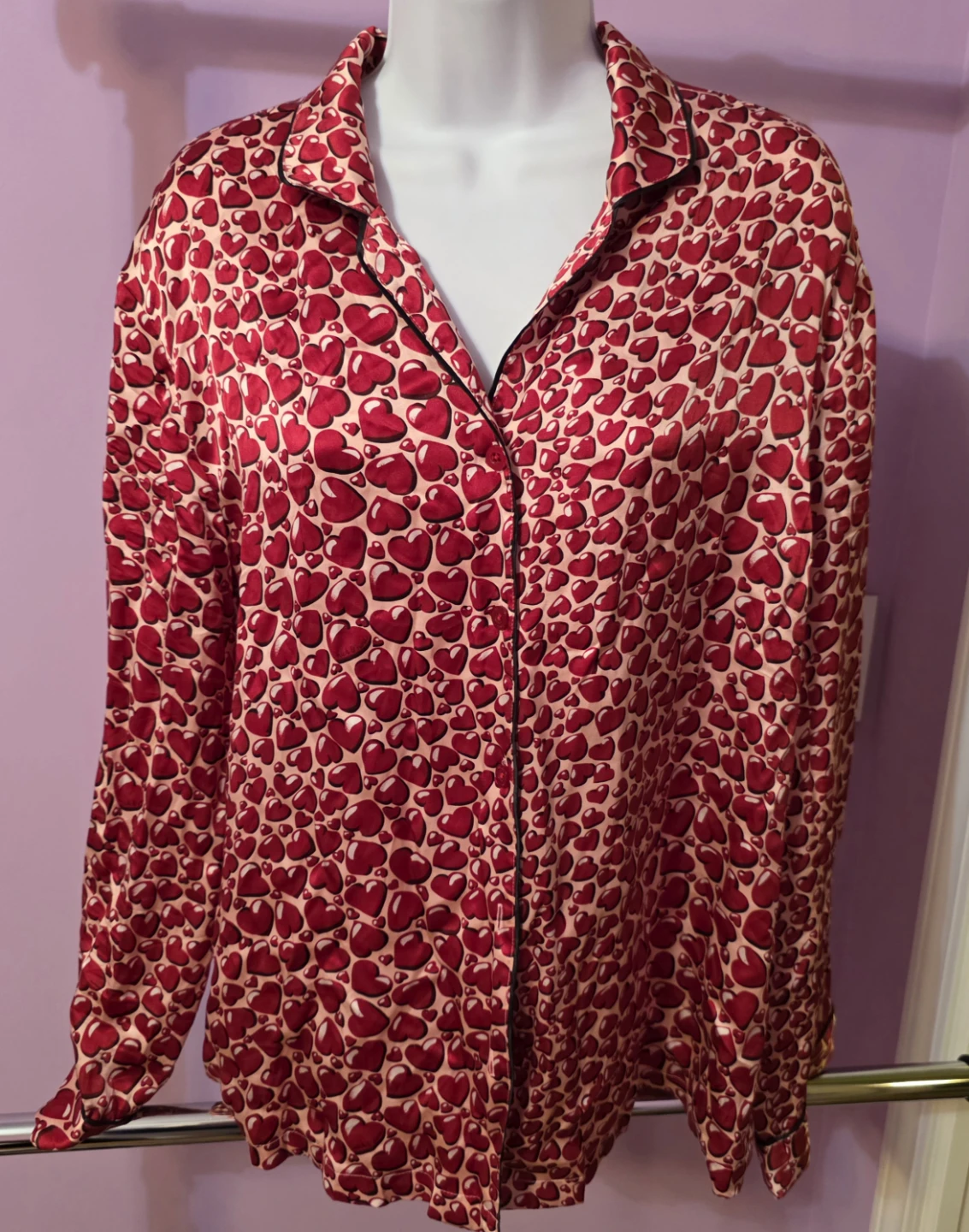Nick & Nora 100% Silk Heart Print Pajama Shirt size L