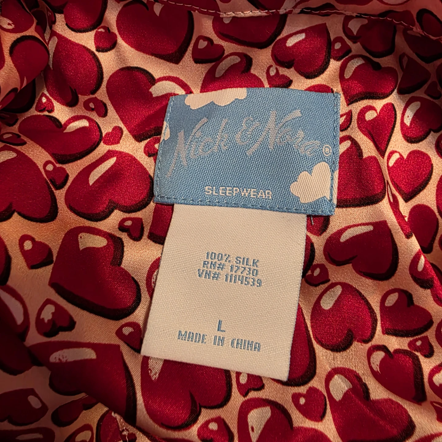 Nick & Nora 100% Silk Heart Print Pajama Shirt size L - photo 3