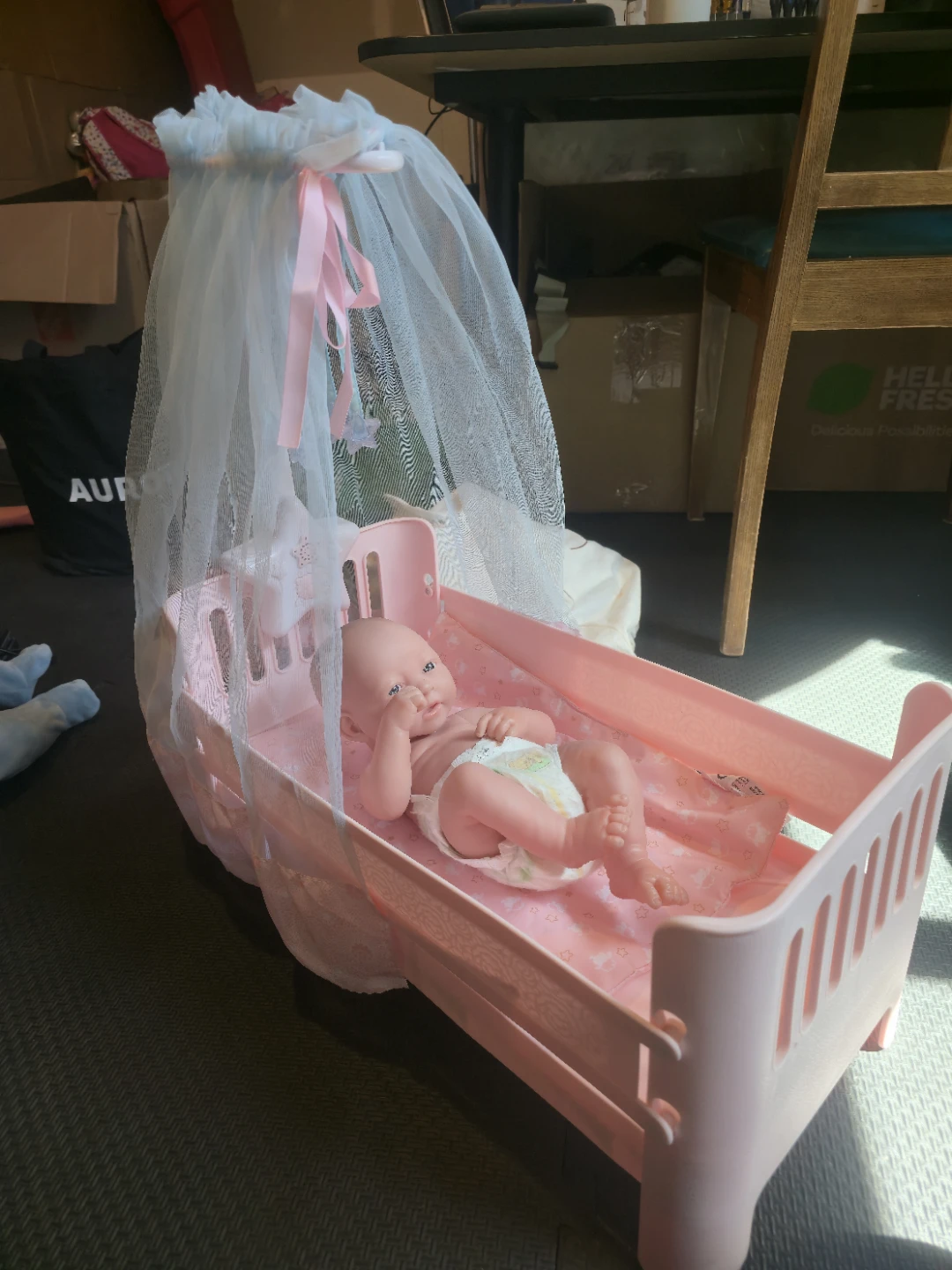 Play doll cradle with canopy