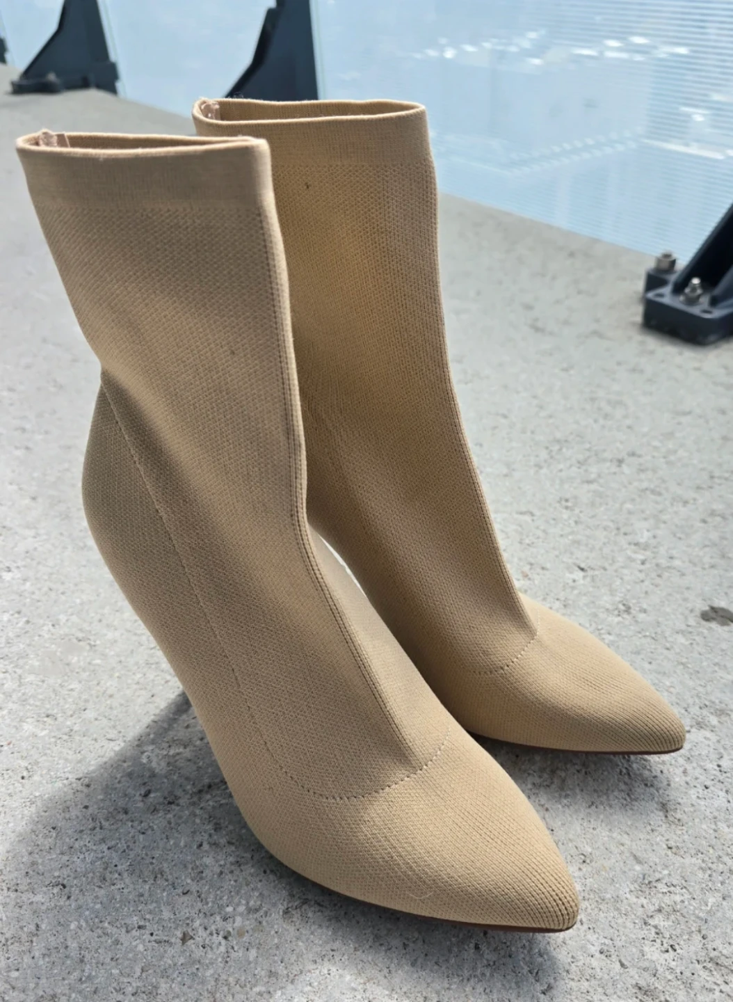 Beige Sock Heeled Boots
