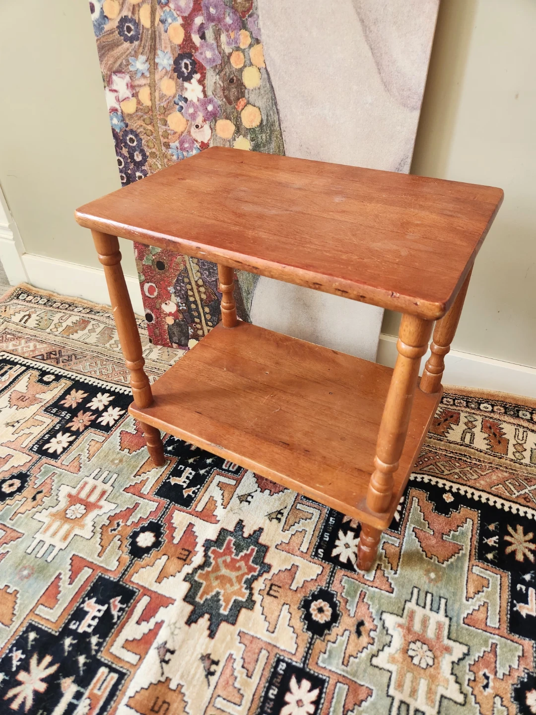 VINTAGE solid wood Side Table or plant stand with Two Shelves - photo 2