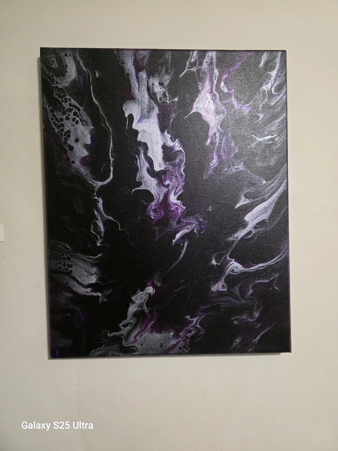 Abstract Pour Painting - Black, Purple & Silver