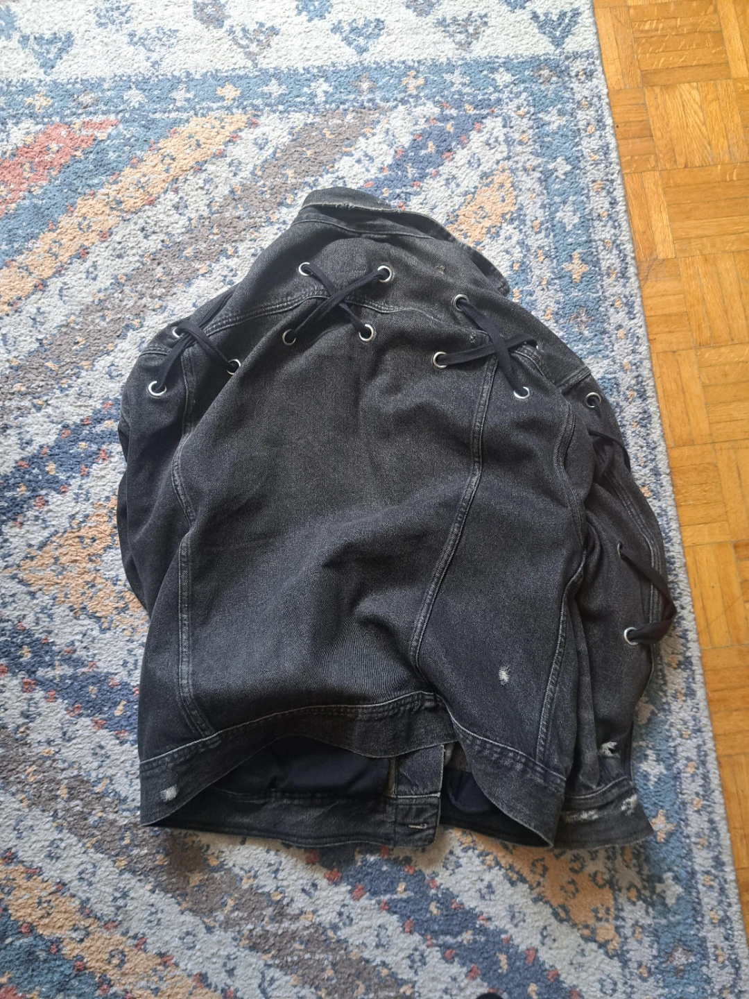 Washed Black Denim Jacket with Lace-Up Sides - photo 2