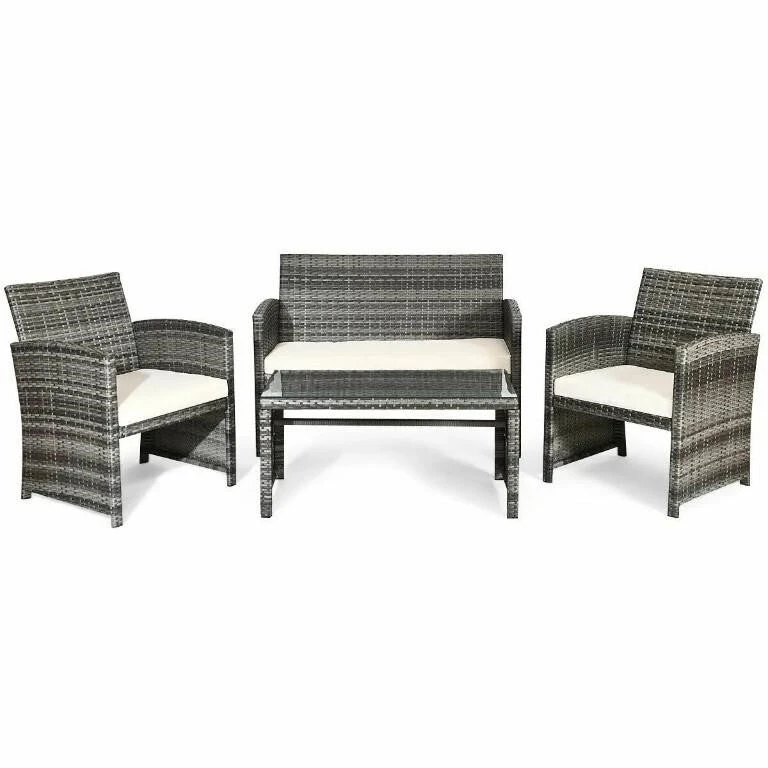 Patio Rattan Furniture Set Conversation Glass Table