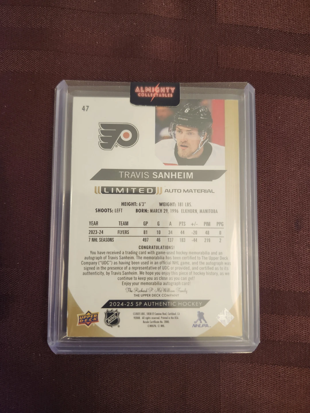 SP Authentic Travis Sanheim Auto Material Jersey Card 051/100 - photo 2