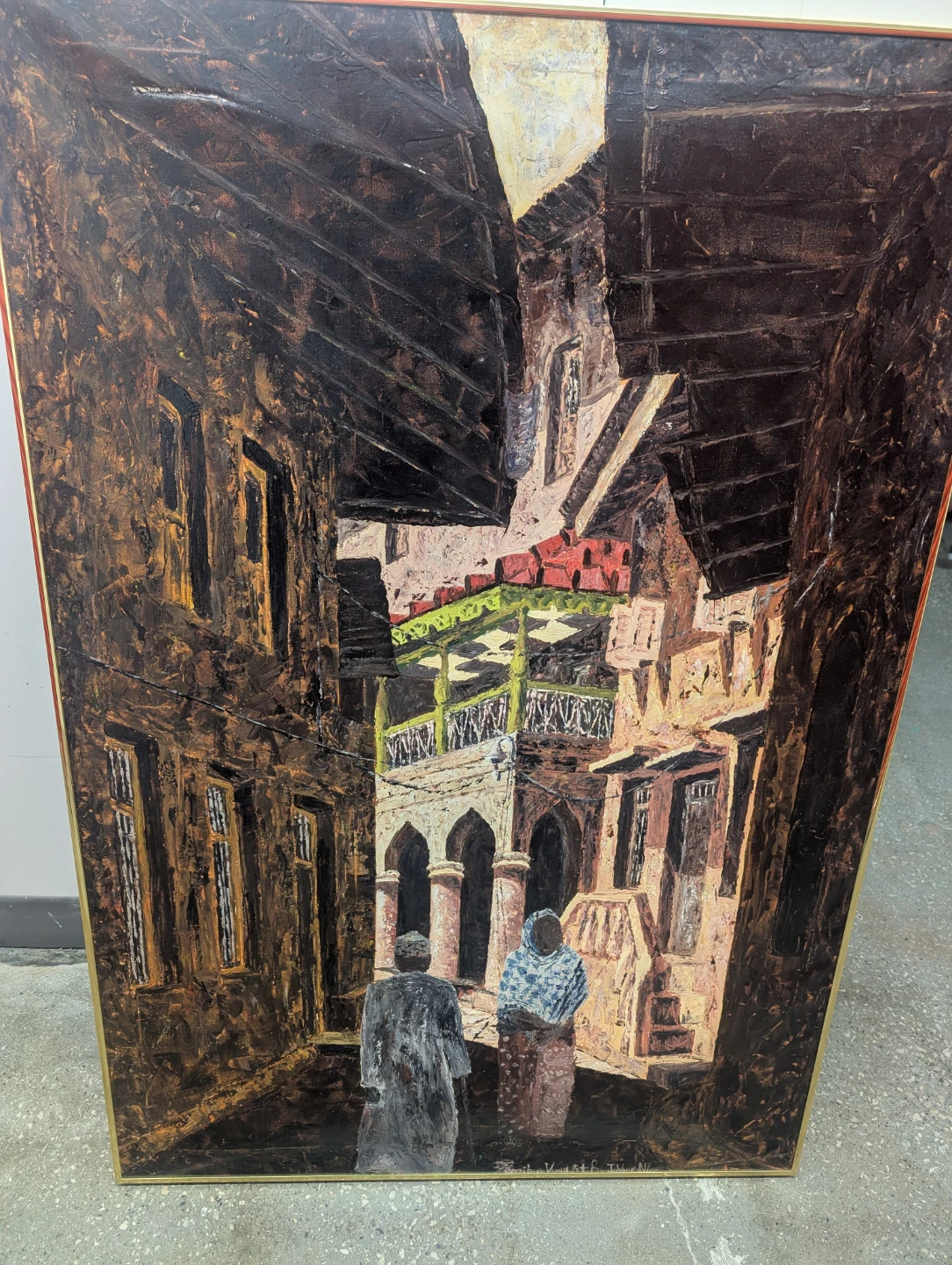 Vintage Oil Painting of a Street Scene with Figures