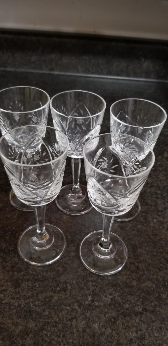 Set of 5 Crystal Cut Wine Glasses