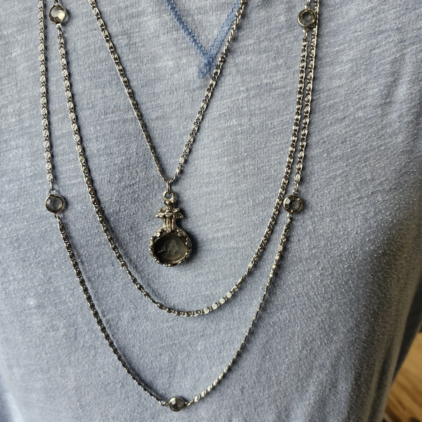 Layered Silver-Tone Necklace with Cameo Pendant - photo 4