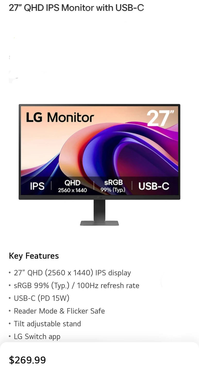 LG 27" QHD IPS Monitor with USB-C