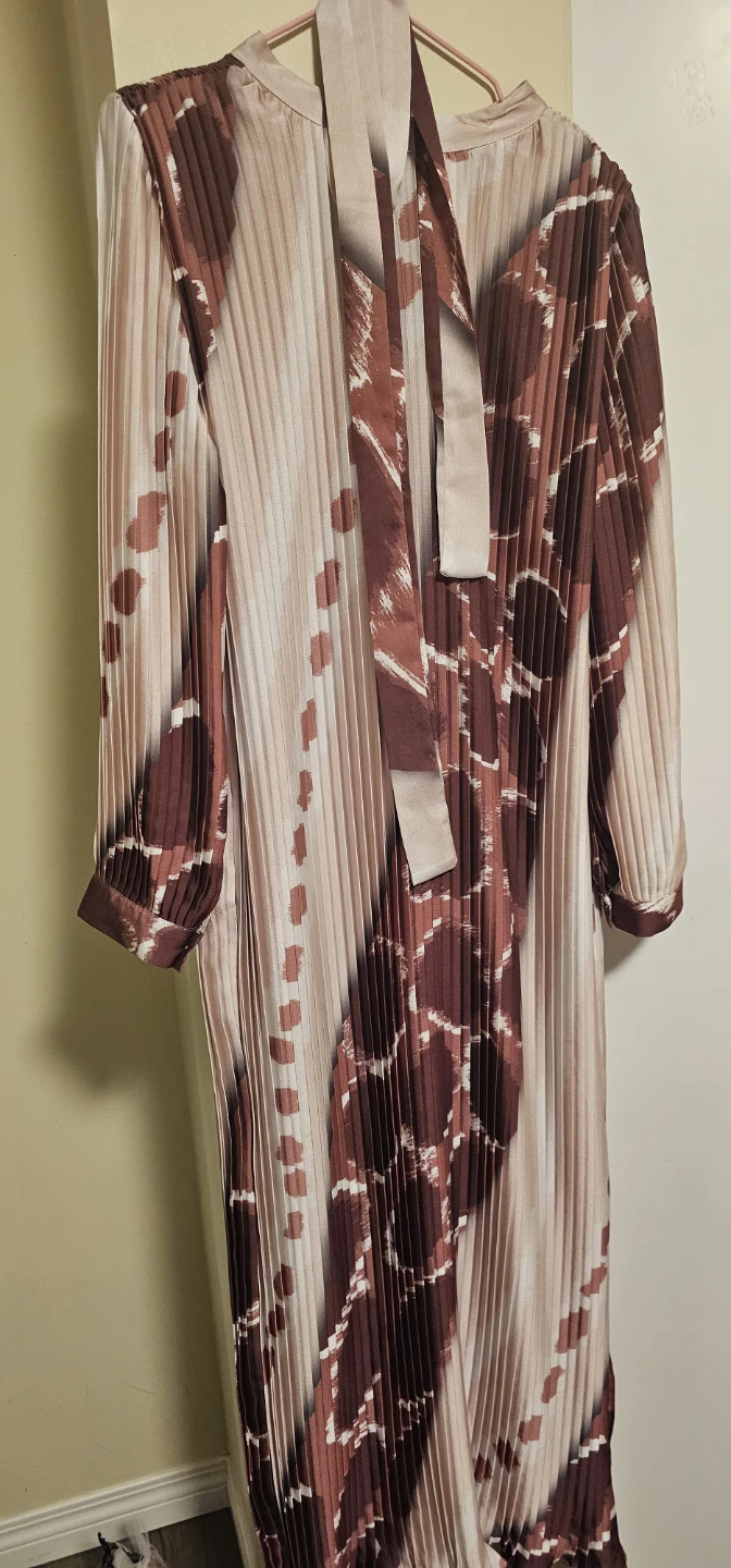 Pleated Print Long Sleeve Maxi Dress with Bow Necktie - photo 2