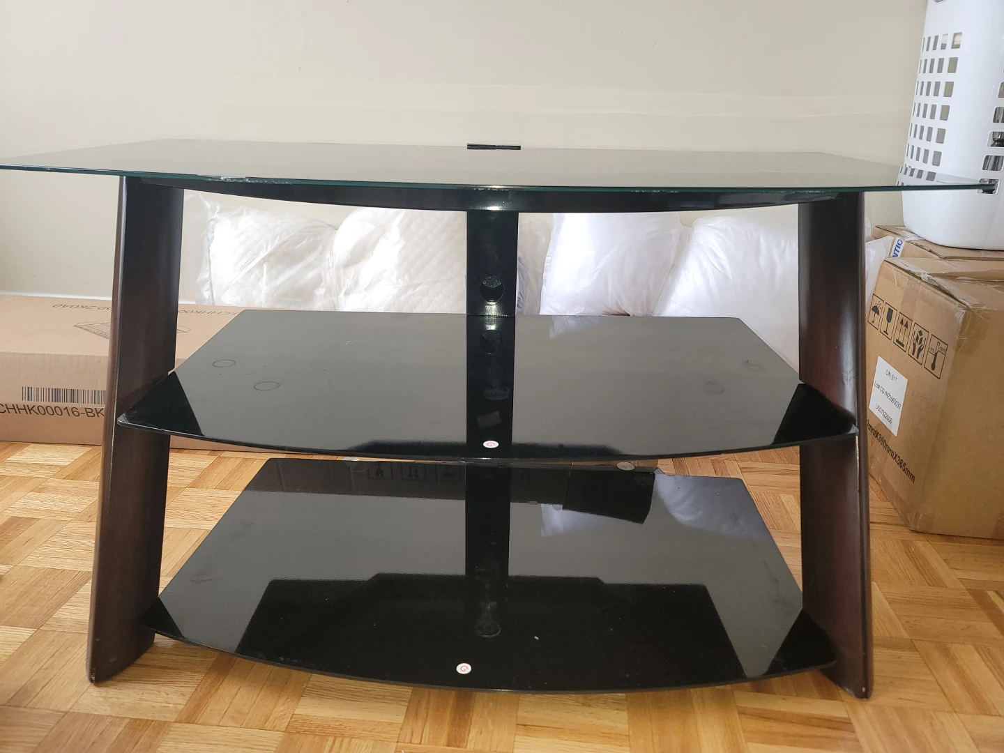 3-Tier Black Glass TV Stand with Wood Accents