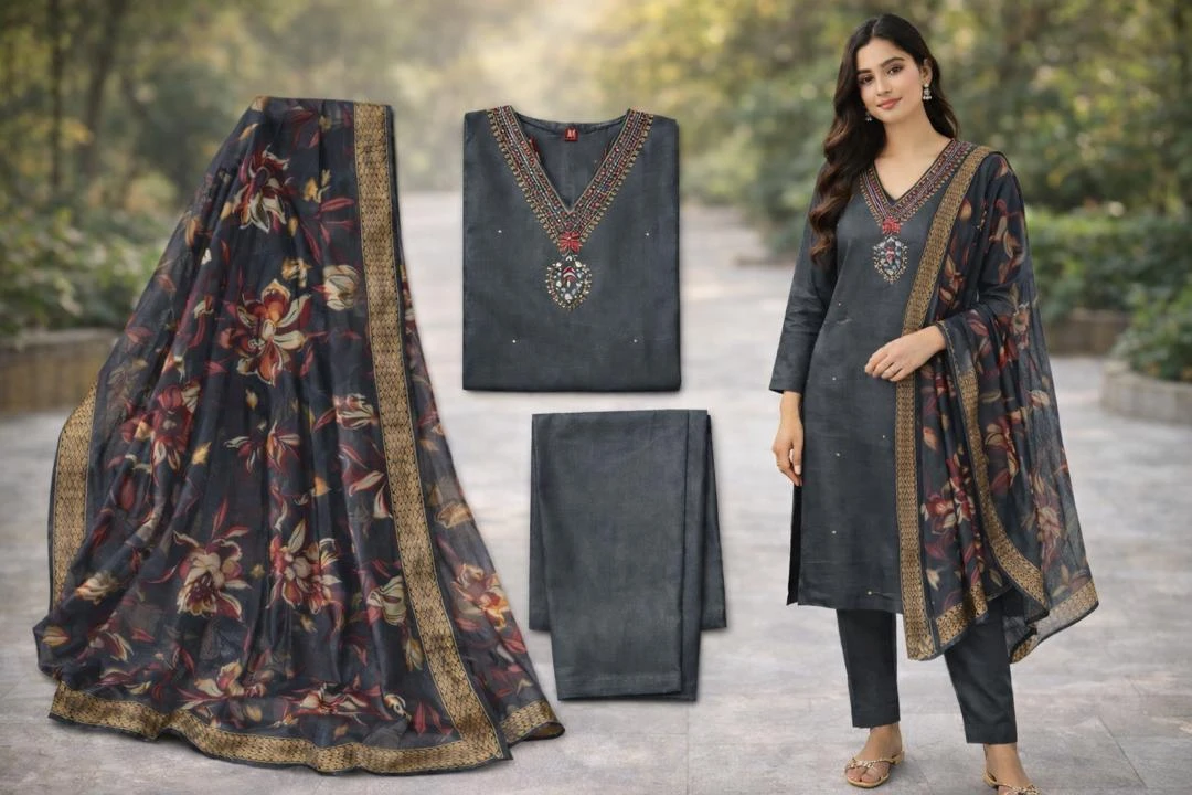 Women's Grey Embroidered Kurti with Dupatta and Pants Set