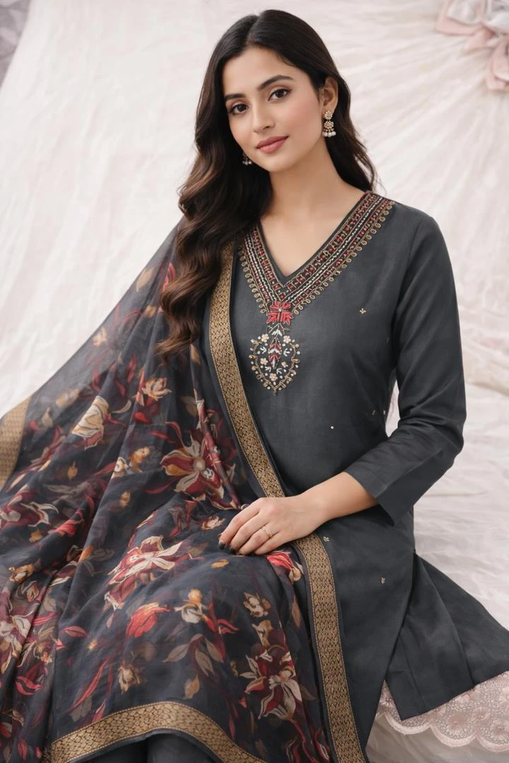 Women's Grey Embroidered Kurti with Dupatta and Pants Set - photo 2