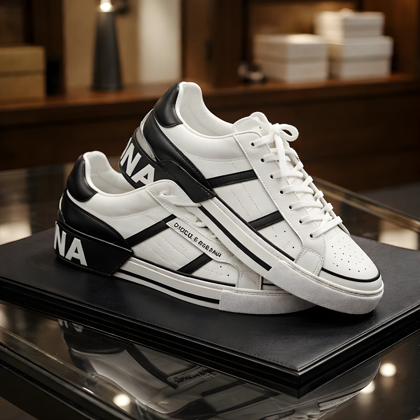 Dolce & Gabbana Men's White & Black Leather Low Top Sneakers