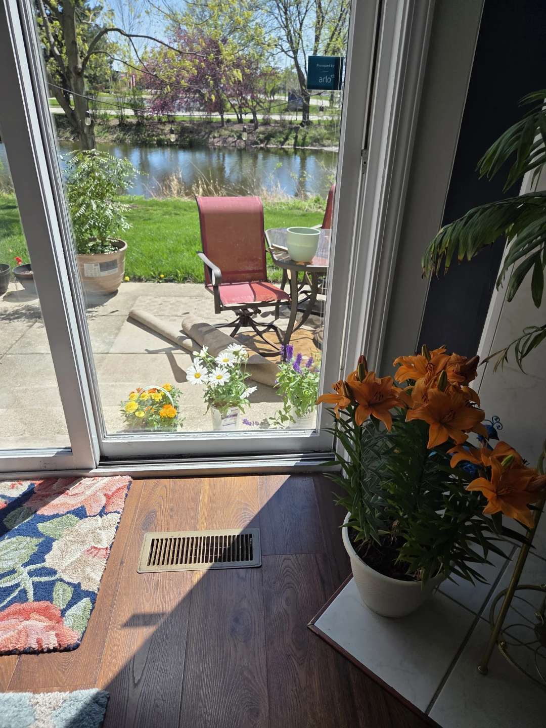 Sturdy Metal and Glass Top Patio Table with 3 Red Chairs - photo 4