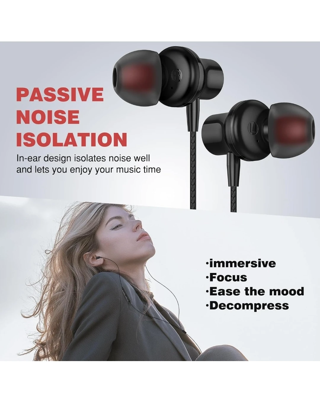 Noise Cancelling, 1.8m /5.9 ft Wired microphone earbuds - photo 5