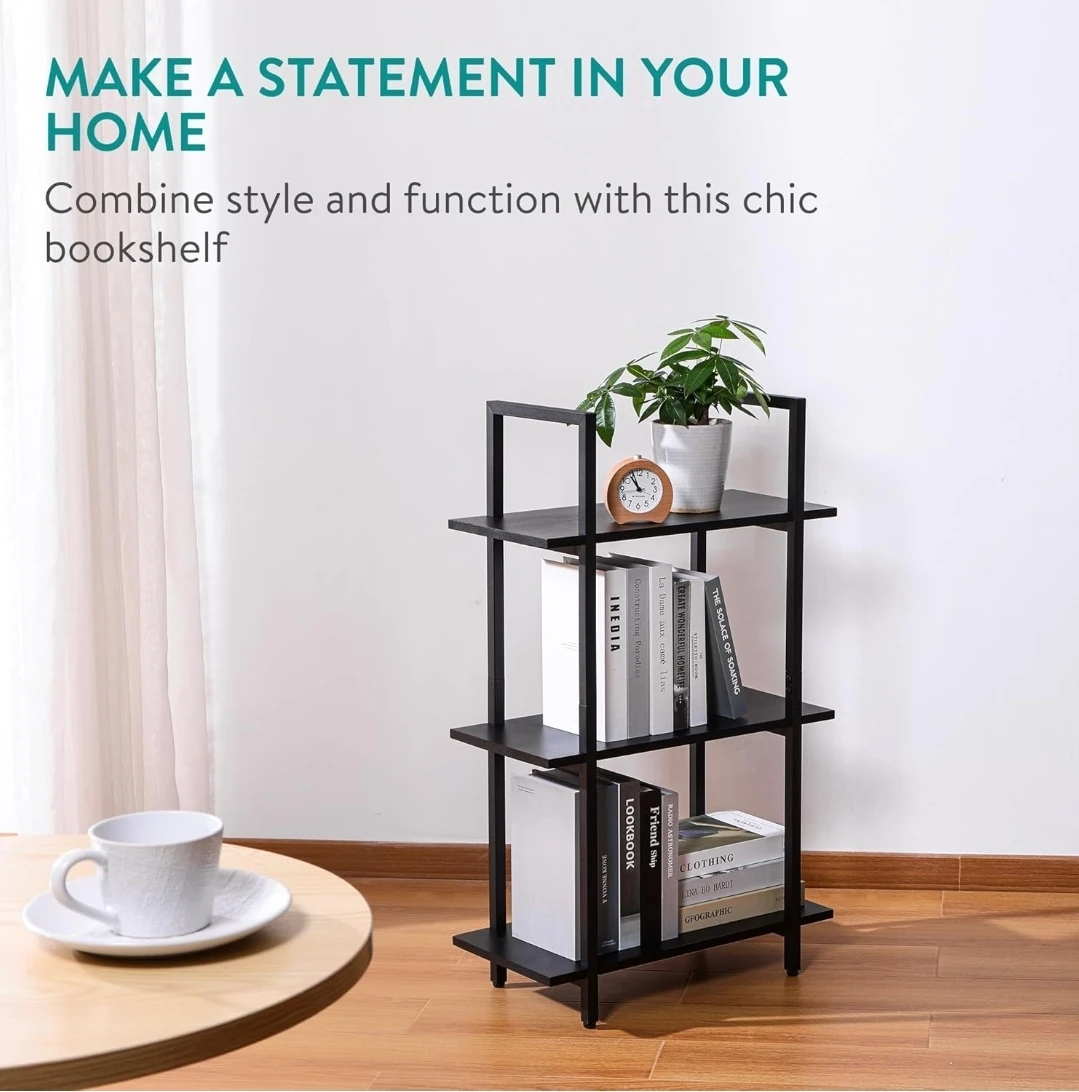 Black 3-Shelf Bookshelf with Metal Frame - photo 3