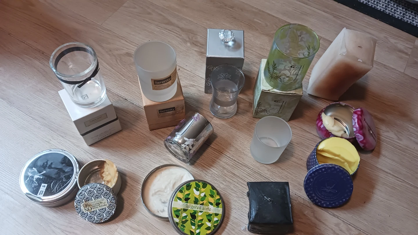Glass & Brass Jars & Matching Boxes & Candle Wax