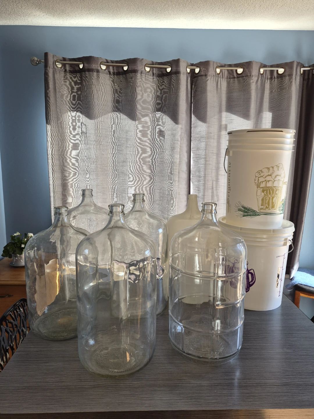 Set of 5 Glass Carboys, 1 Plastic Carboy and 2 Buckets