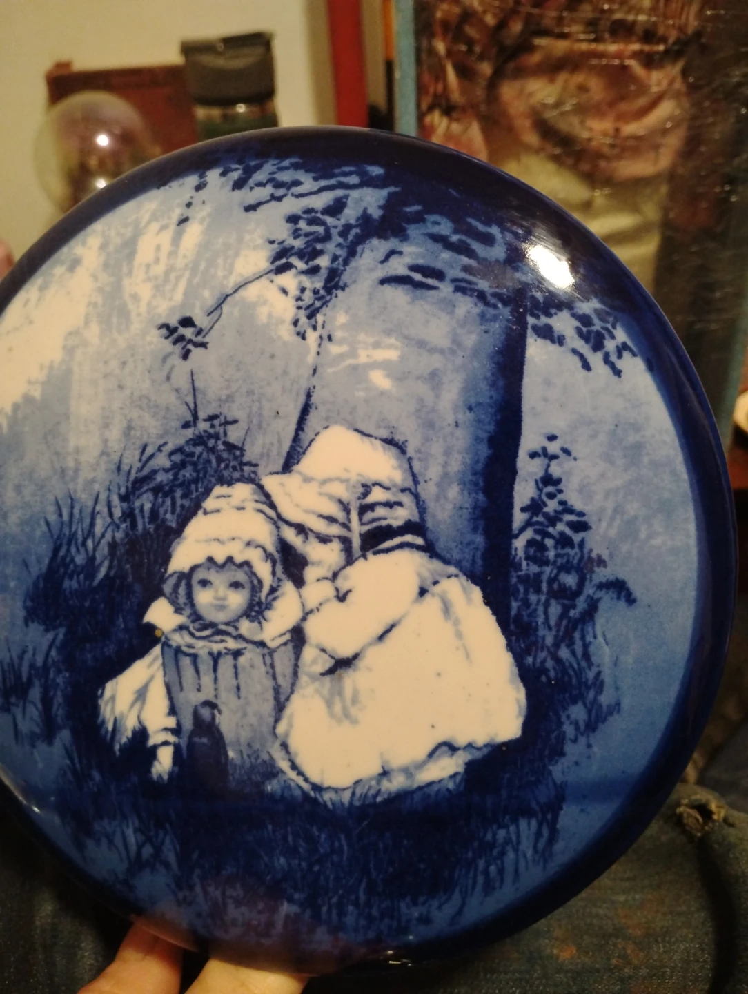 Decorative Blue and White Plate with Children Scene