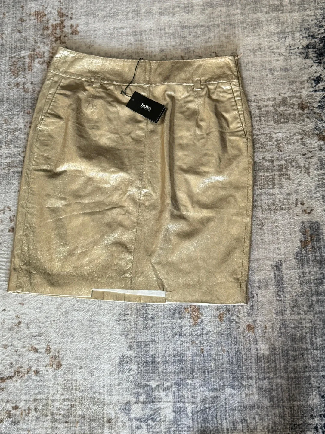 HUGO BOSS Gold Metallic Goat Skin Pencil Skirt