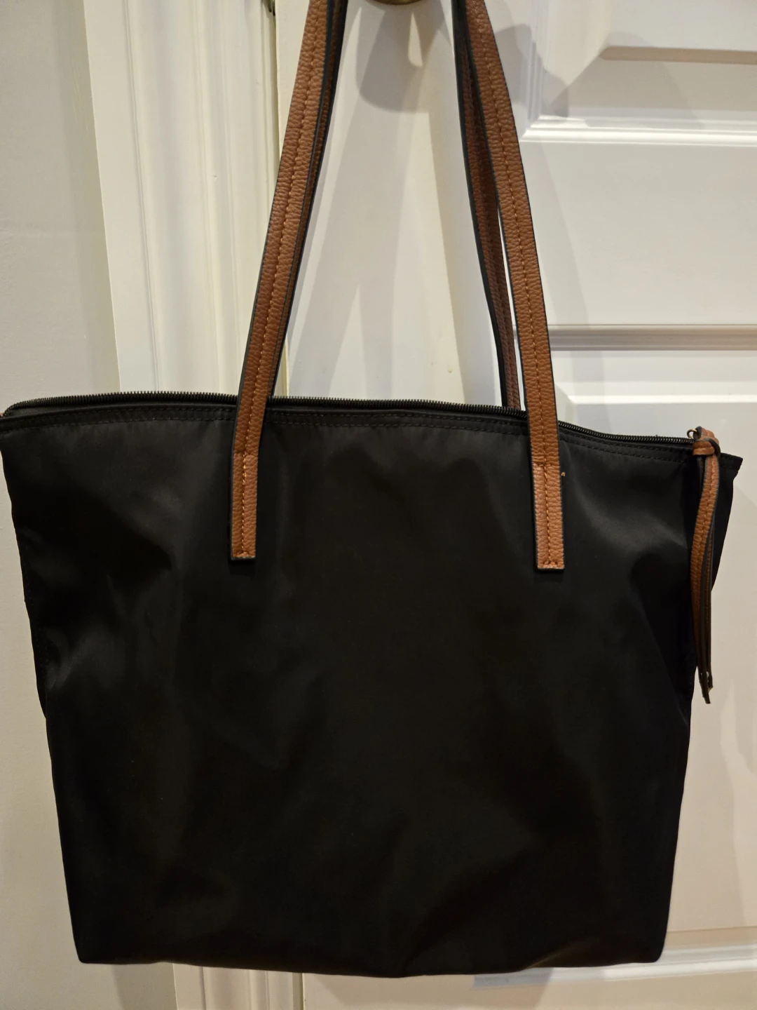 Mizztique Black Nylon Tote Bag with Tan Straps