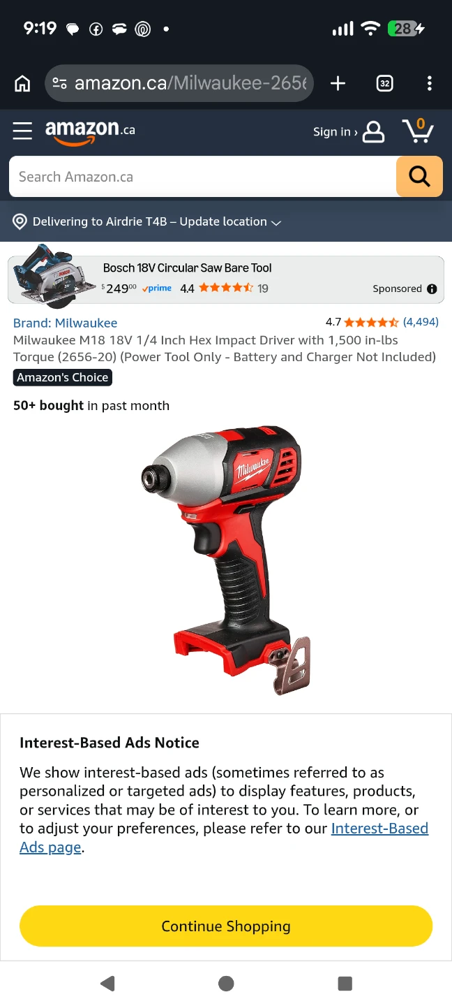 Milwaukee M18 18V 1/4 Inch Hex Impact Driver (2656-20)