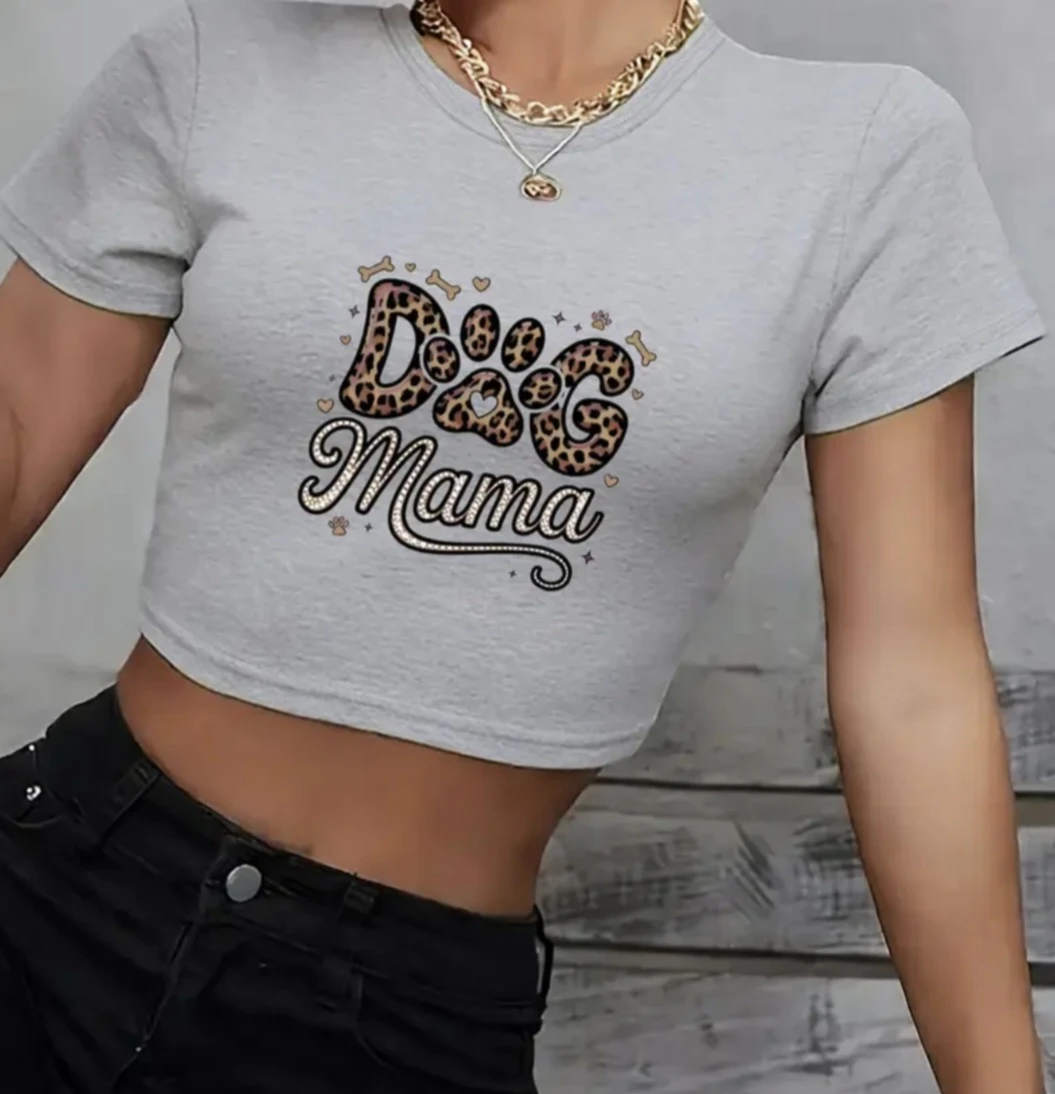 Grey "Dog Mama" Cropped T-Shirt