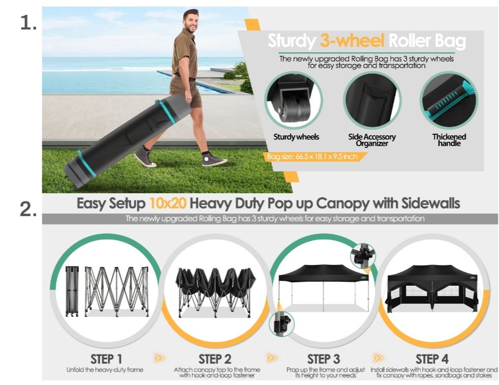 COBIZI 10x20 Heavy Duty Pop Up Canopy with Sidewalls - photo 2