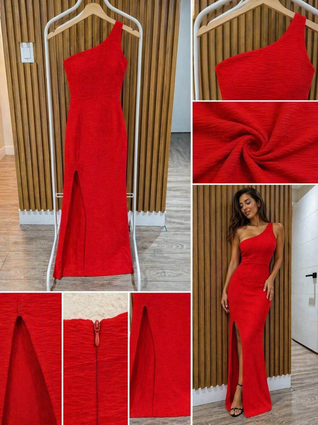 Red One-Shoulder Gown with Slit