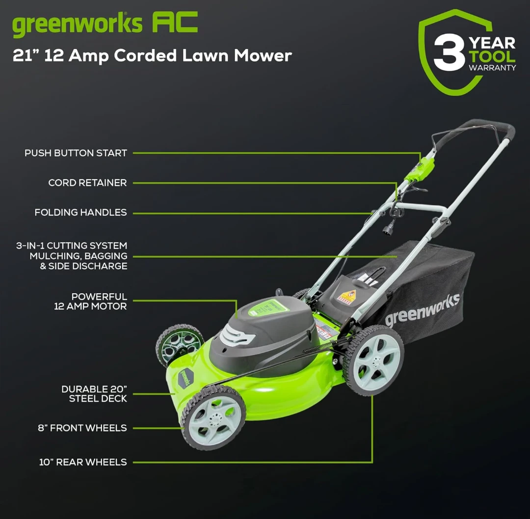Greenworks 21" 12 Amp Corded Electric Lawn Mower - photo 2