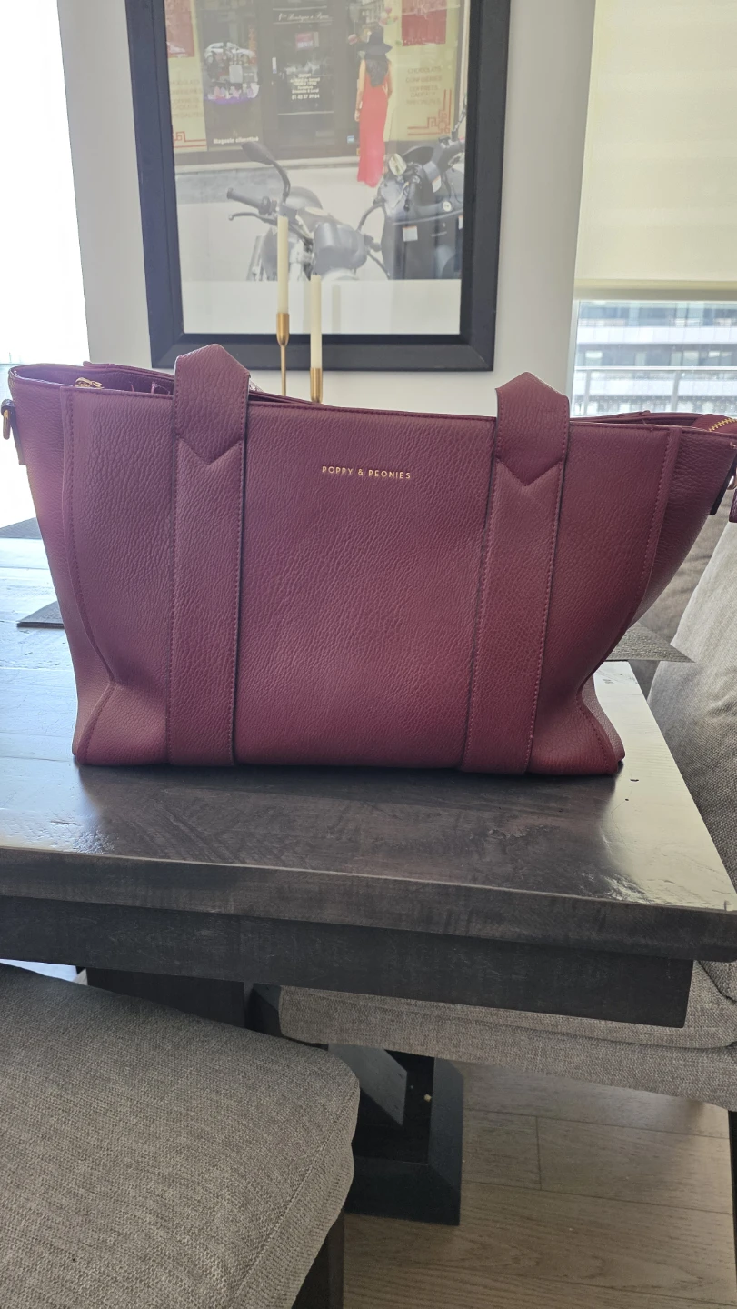 Poppy & Peonies Burgundy Leather Tote Bag