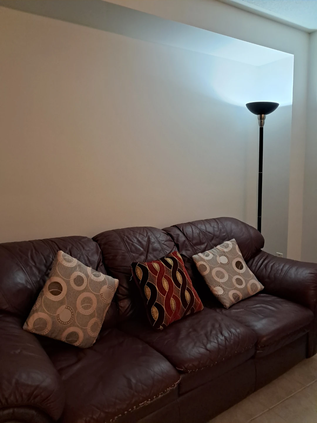 Brown Leather Sofa with Decorative Pillows - photo 2