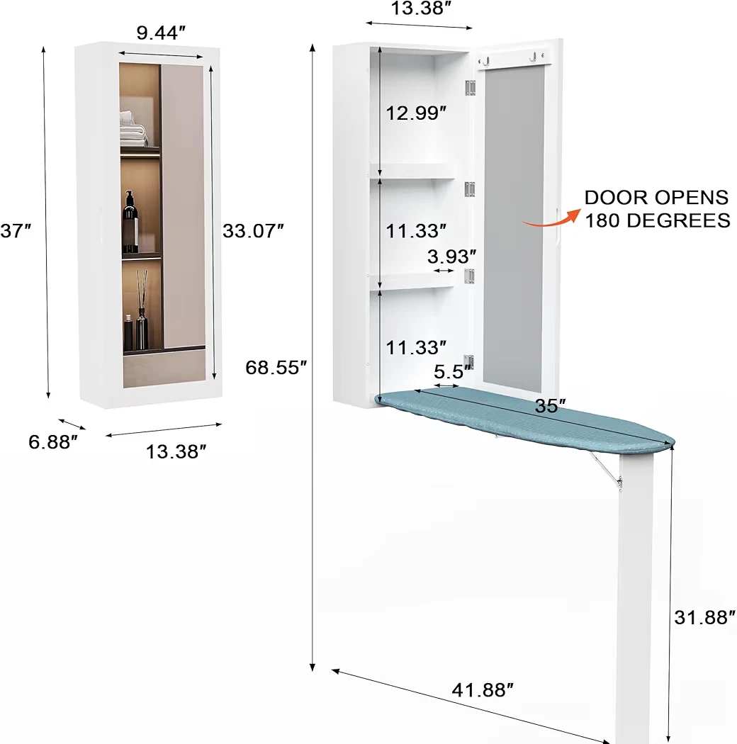 White Wall Mounted Folding Ironing Board Cabinet with Mirror
