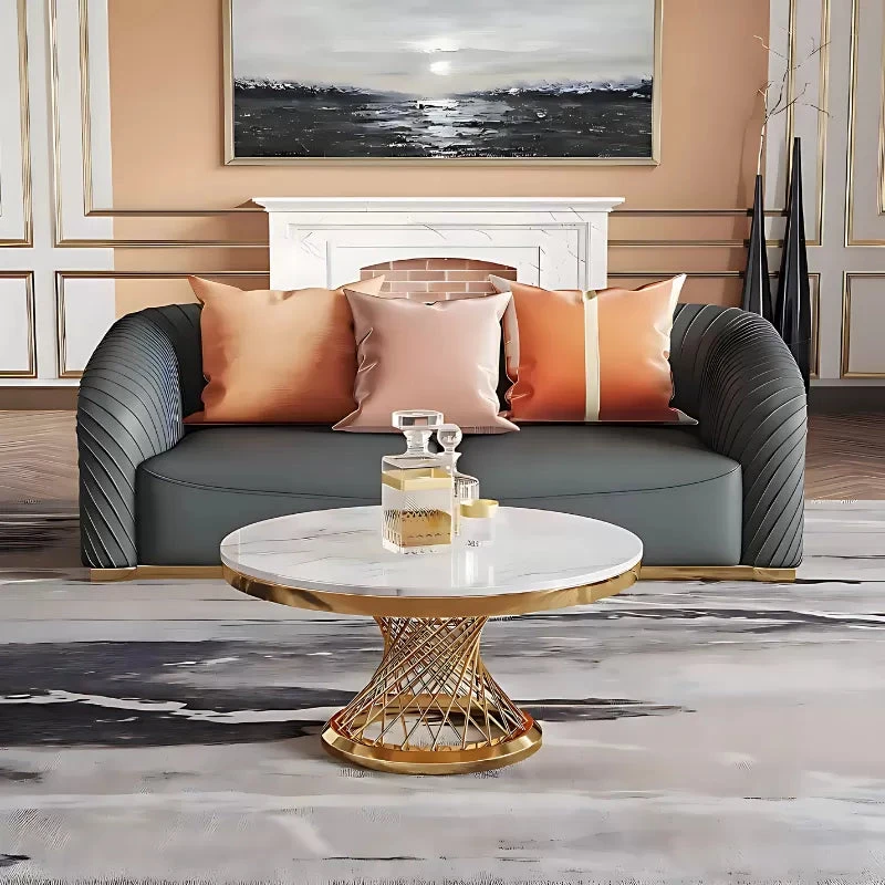 Round Cocktail Table with Marble Top and Gold Spiral Spoked Base