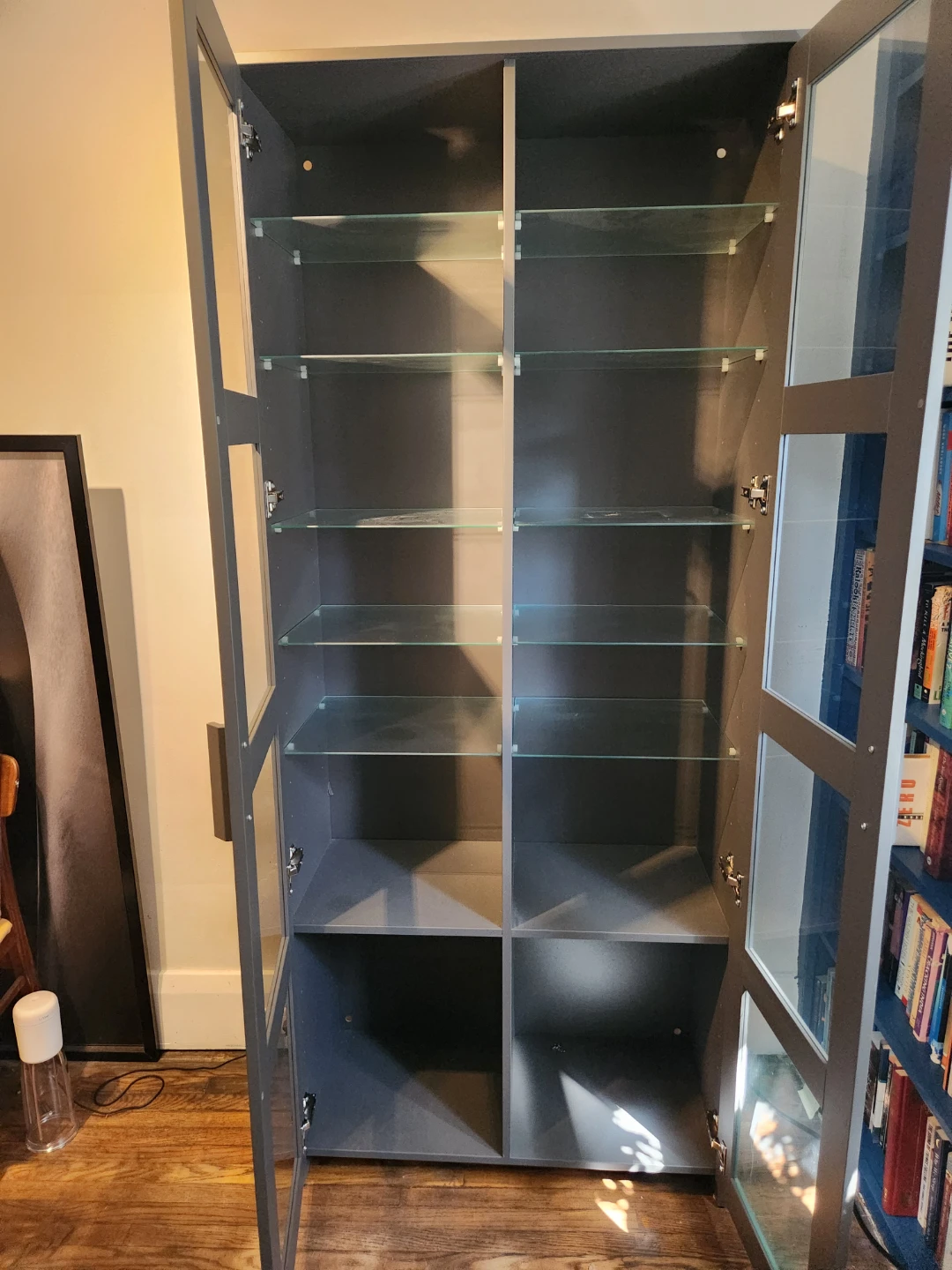 Grey Display Cabinet with Glass Doors