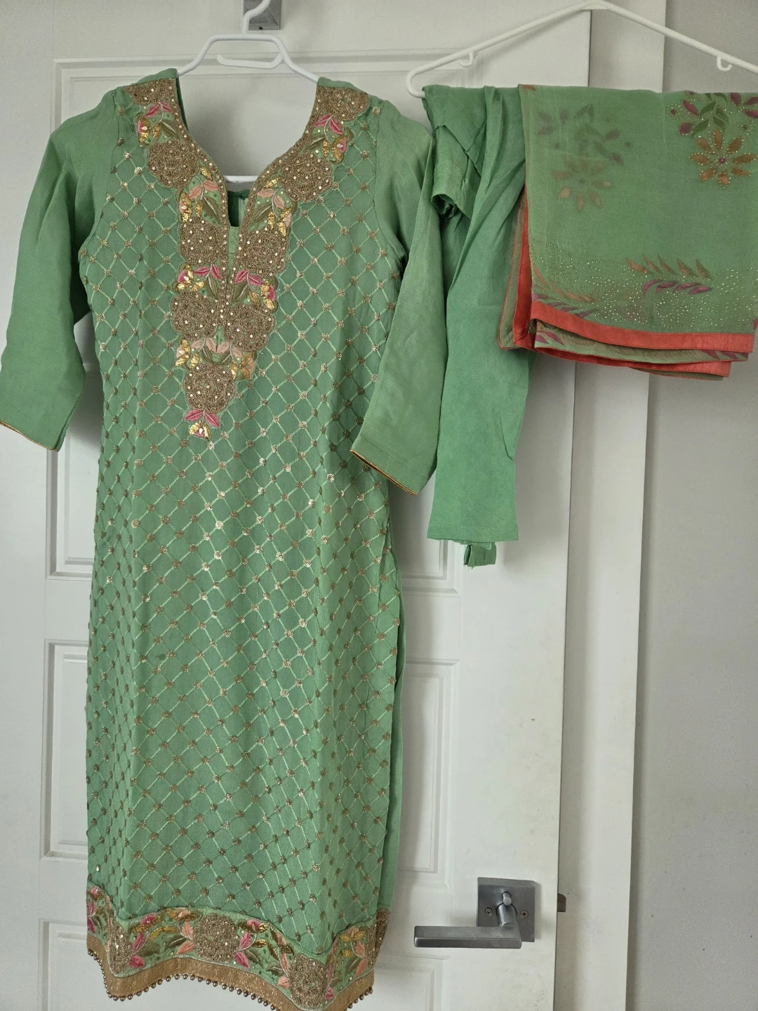 Green Embroidered 3-Piece pajami suit