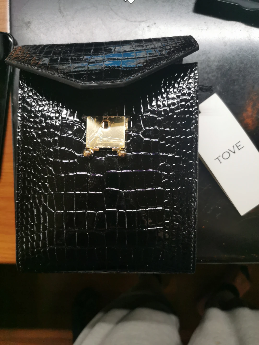 Tove Black Croc Embossed Clutch Wallet with Strap
